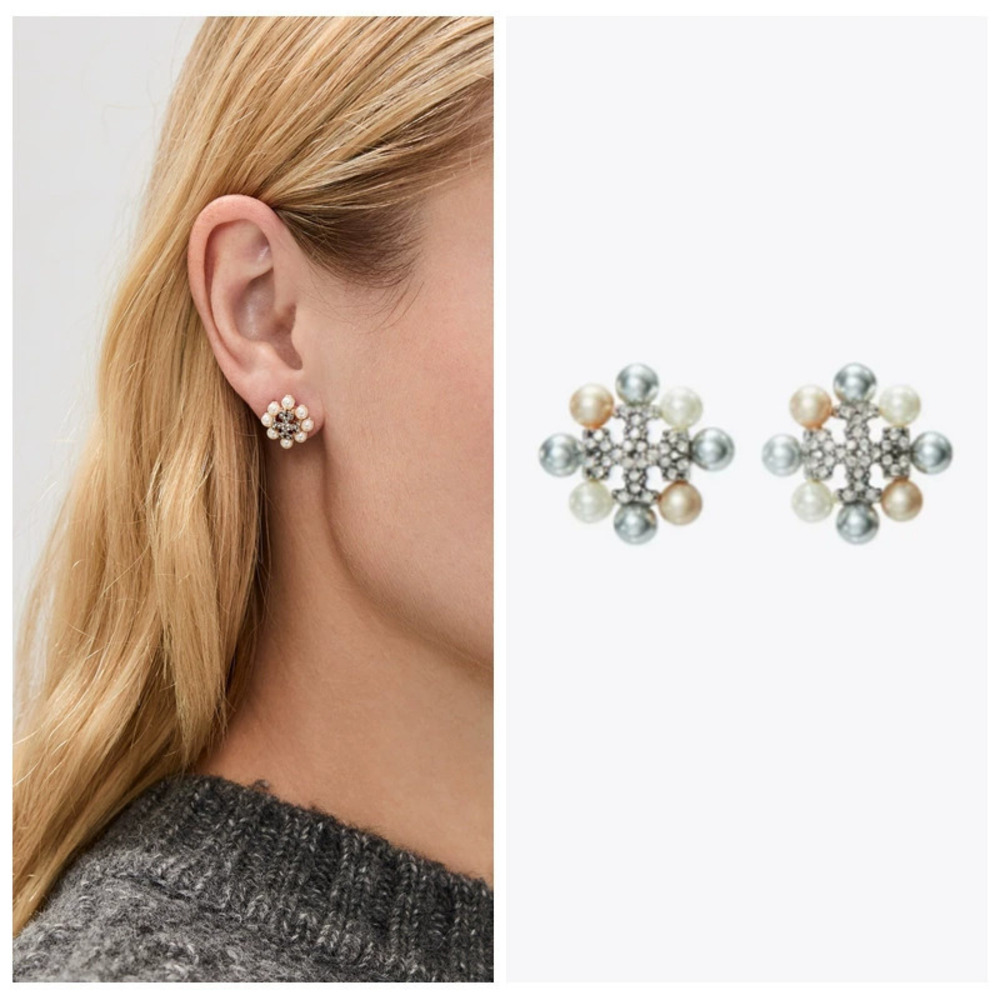Tory Burch Collection White Gold Faux Pearl Pair Stud Earrings